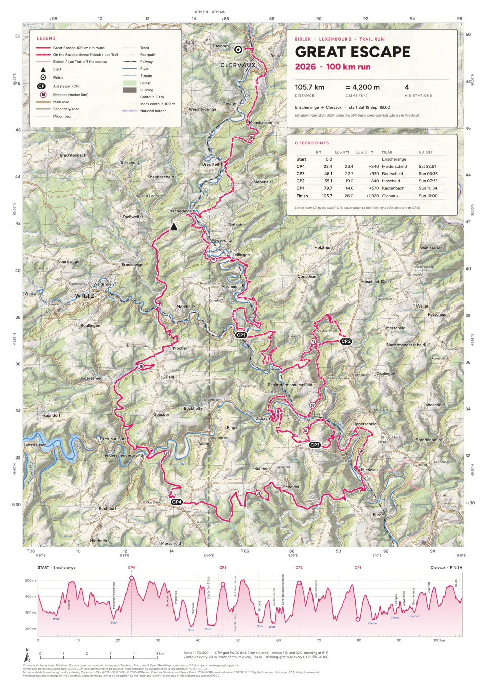 The Great Escape 2026, 100 km run, A3 sheet at 1:70 000