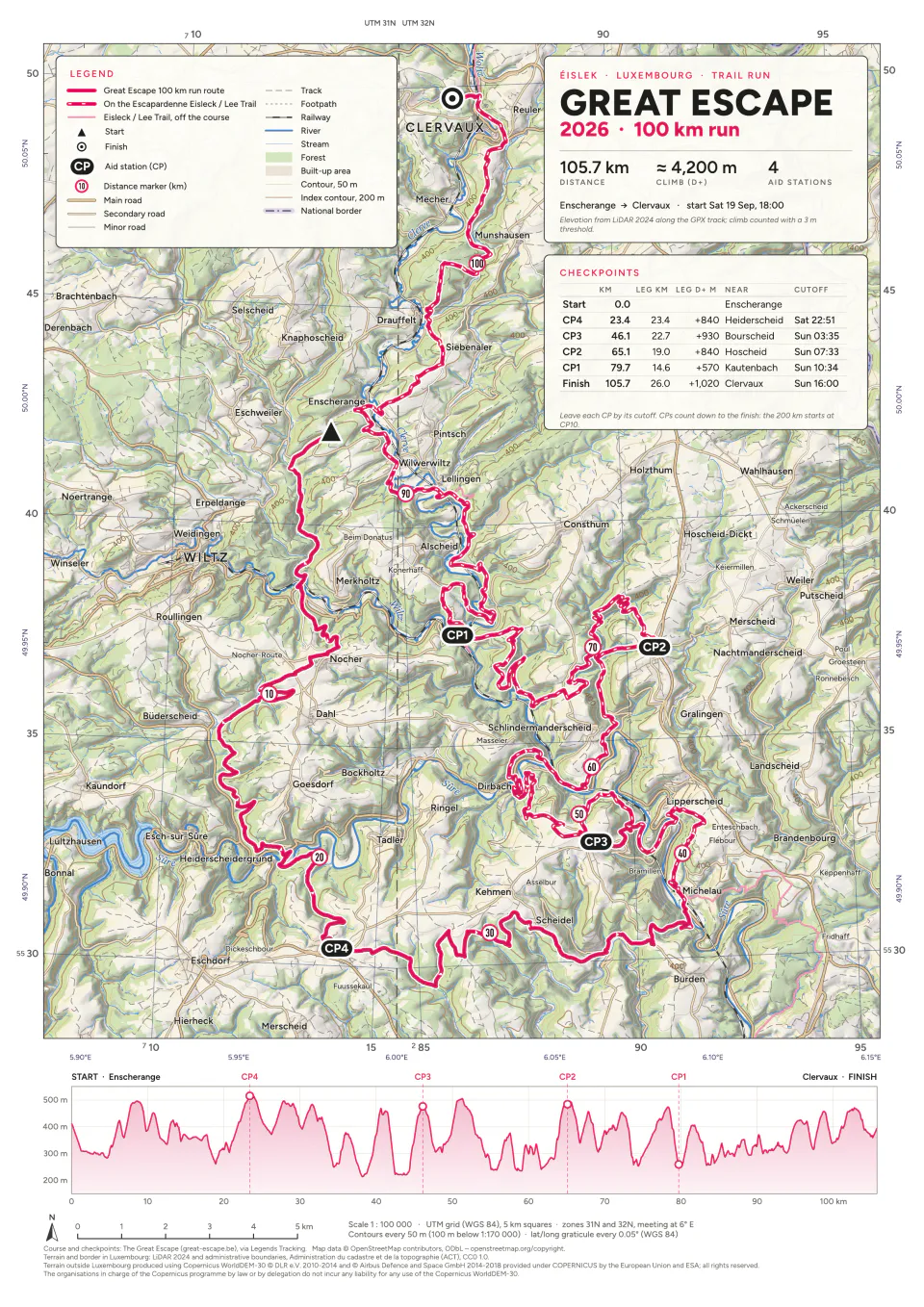 The Great Escape 2026, 100 km run, A4 sheet at 1:100 000