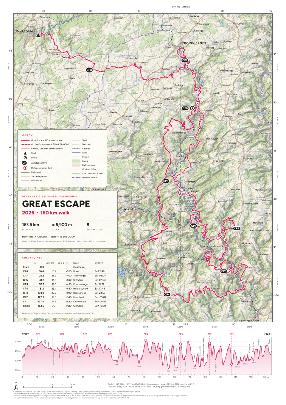The Great Escape 2026, 160 km walk, A3 sheet at 1:100 000