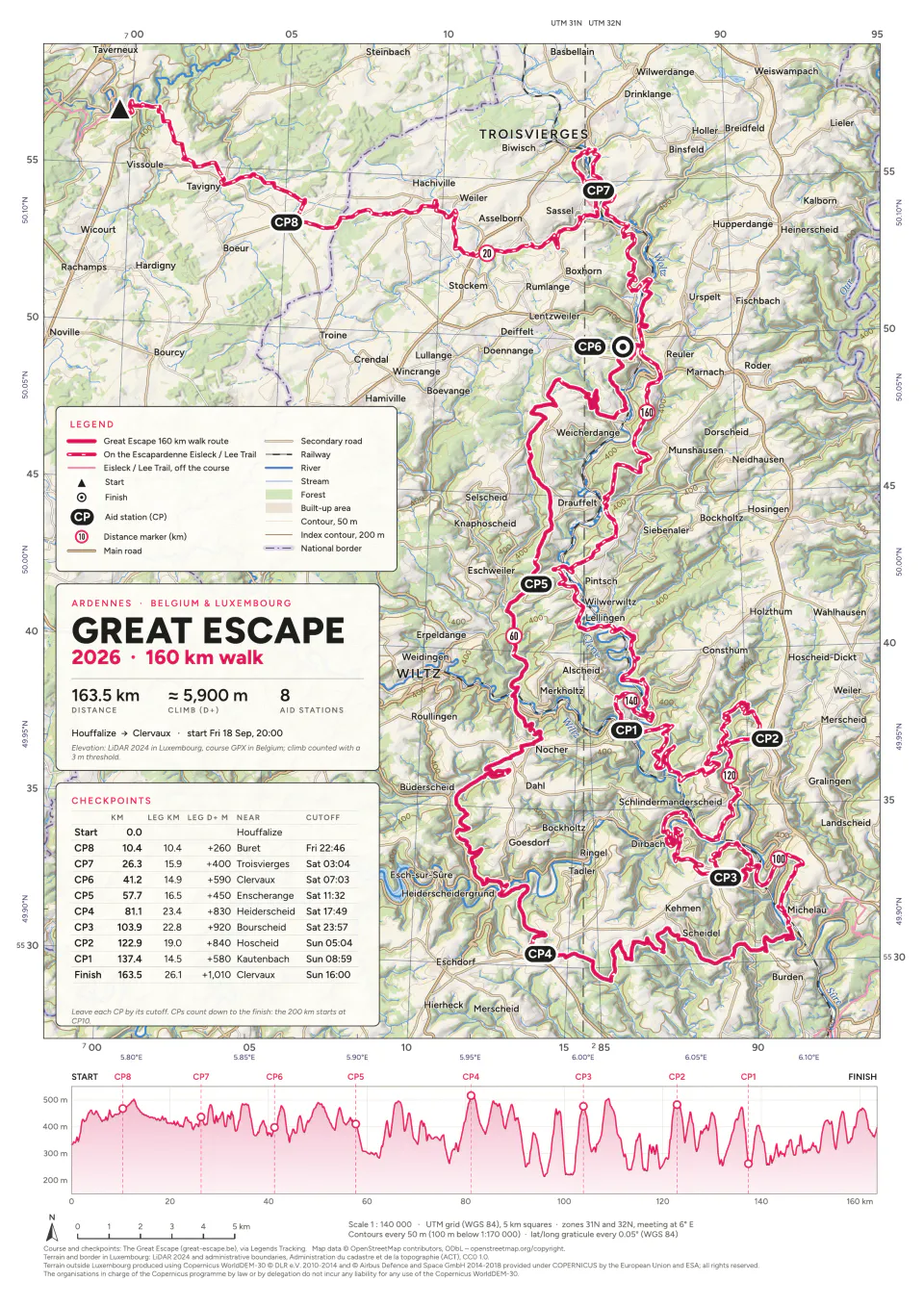 The Great Escape 2026, 160 km walk, A4 sheet at 1:140 000