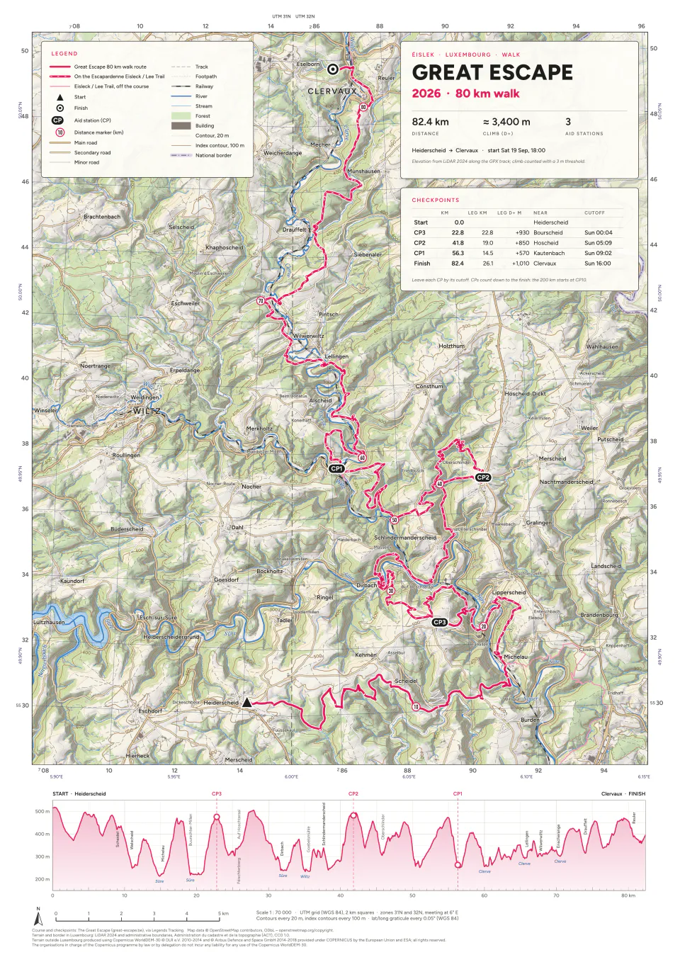The Great Escape 2026, 80 km walk, A3 sheet at 1:70 000
