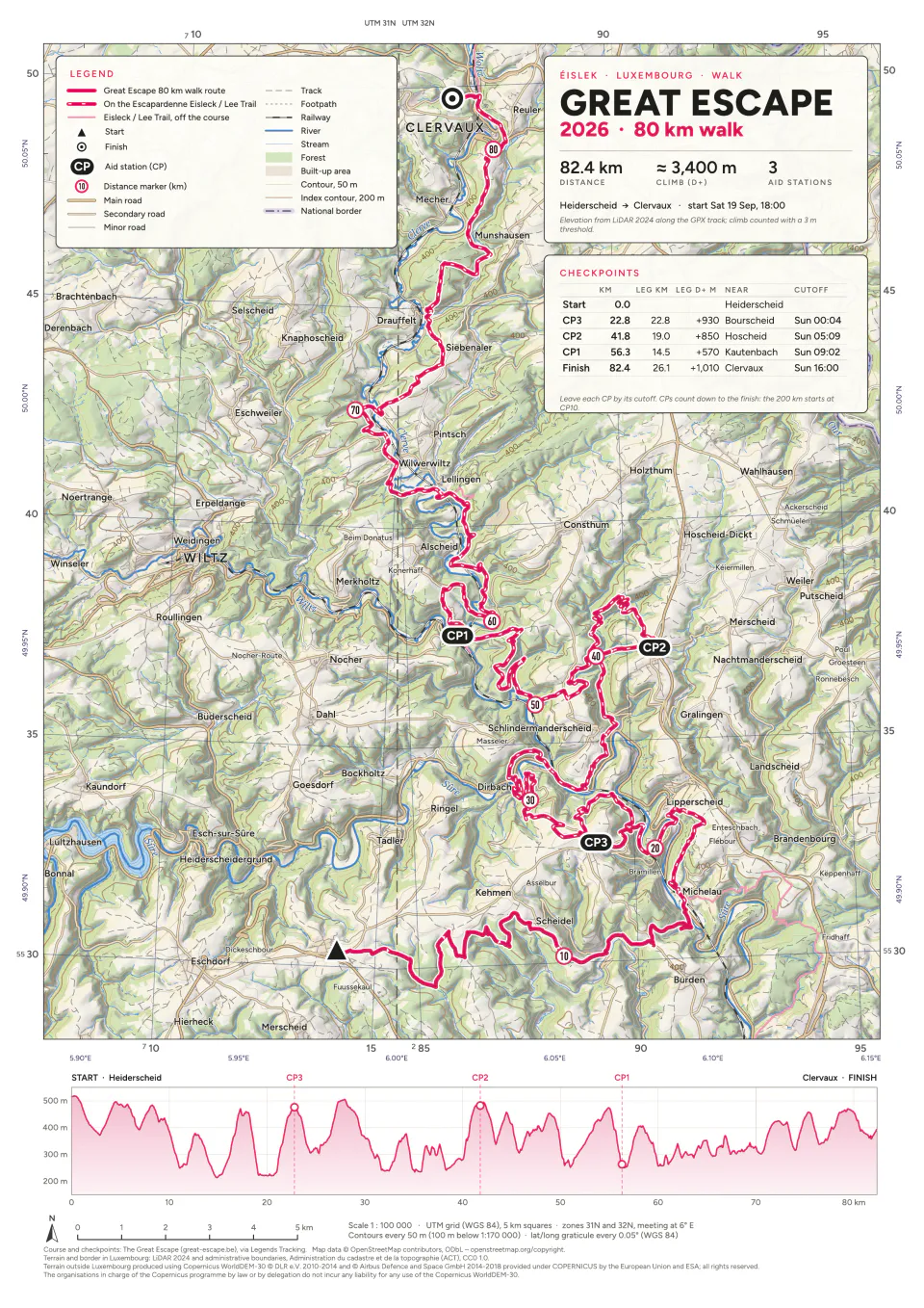 The Great Escape 2026, 80 km walk, A4 sheet at 1:100 000
